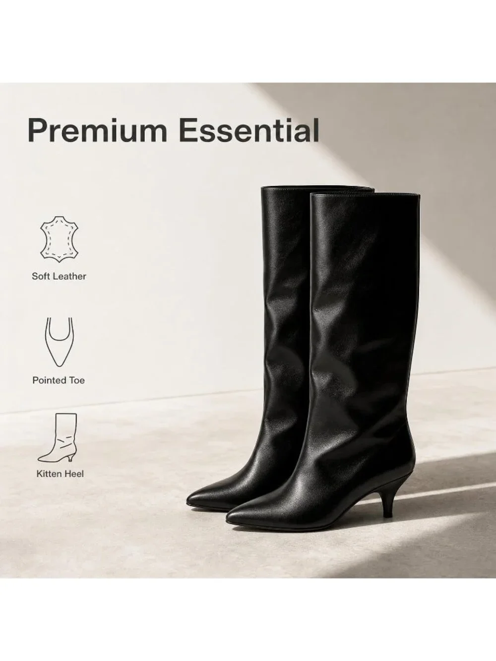 Women Black Faux Leather Pointed-Toe Folded Wide Calf Low Kitten Knee-High Boot